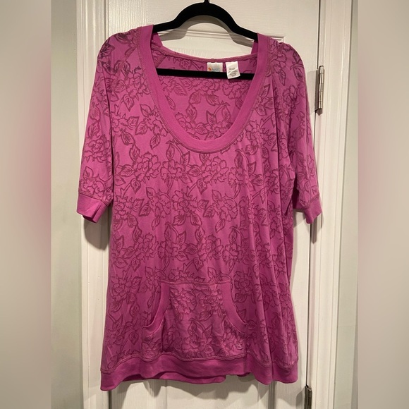 Bold Spirit Size XL Pink Semi Sheer Rose Floral Short Sleeve Pullover Hoodie Top - Picture 1 of 10